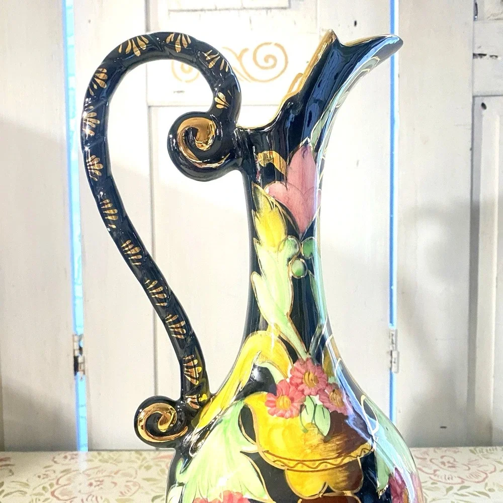 Elegant Hubert Bequet Hand Painted Black Gold Pitcher/Ewer/Vase Belgium Mid Cent